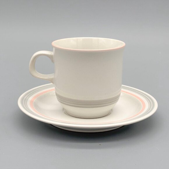 Vintage Japanese Stoneware Pink Rim Coffee Cups And Saucers Set Of 4 Soft Tone - Picture 4 of 7